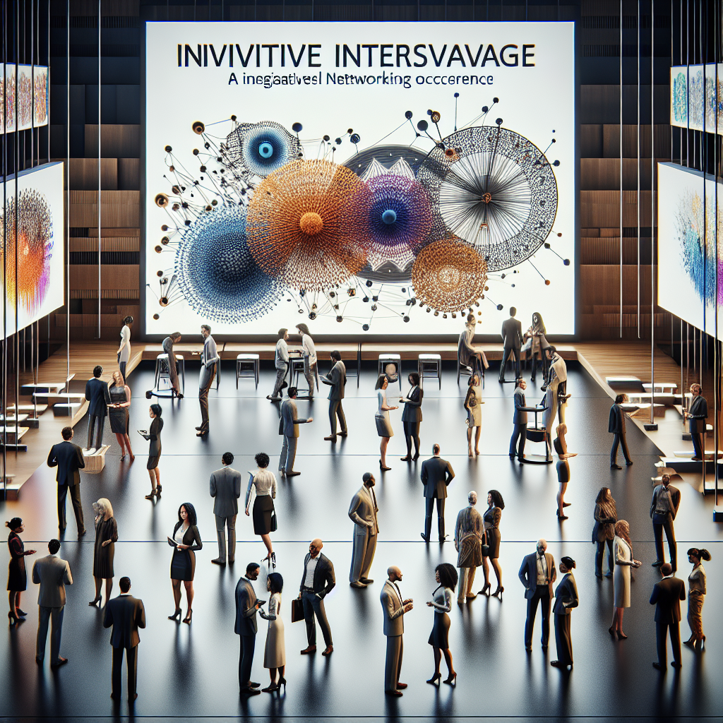 Generate an image illustrating a dynamic creative networking event. The scene is filled with professionals from various creative fields mingling, exchanging ideas, and showcasing their portfolios. The backdrop is an upscale venue with modern decor, art installations, and digital presentations on large screens.
