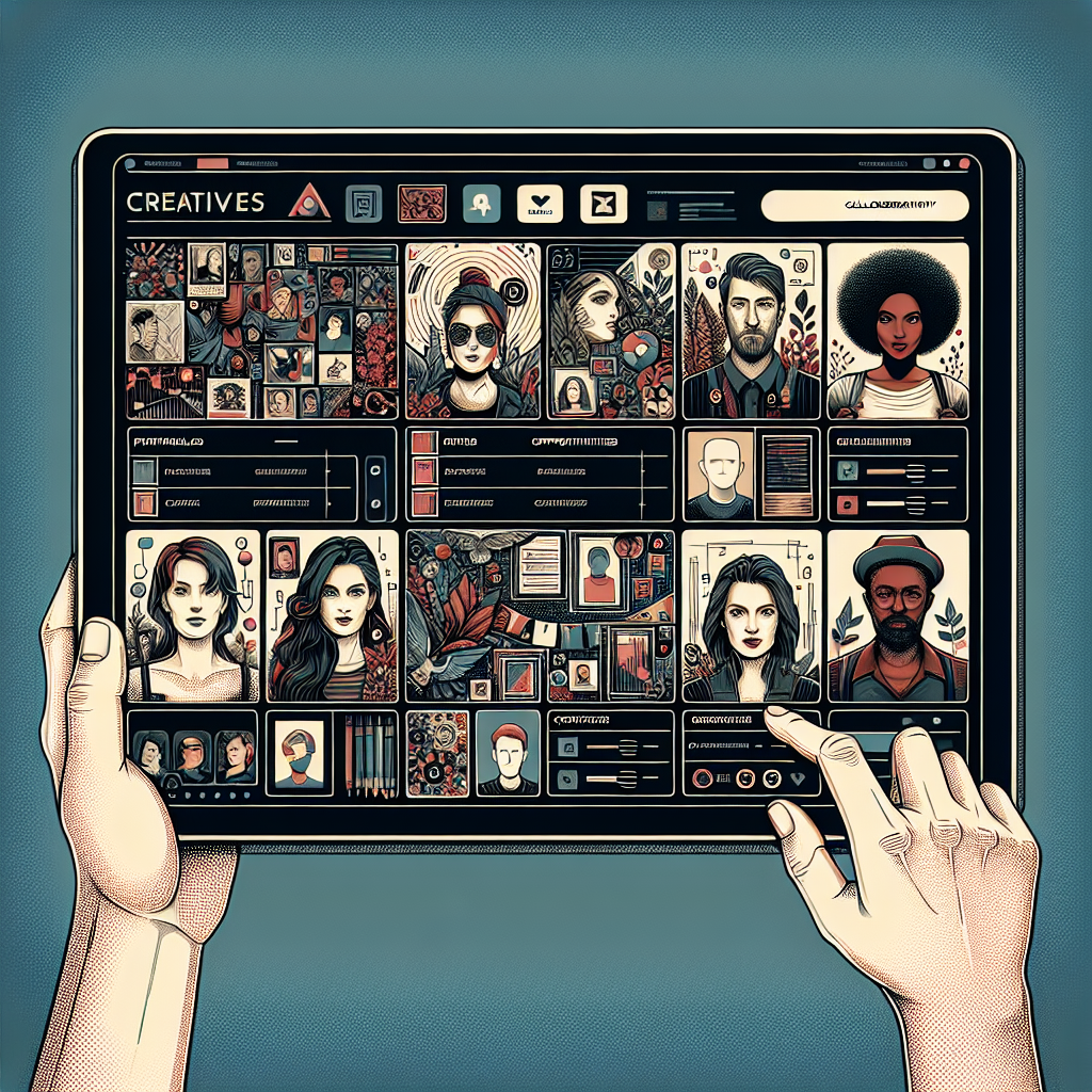 Generate an image of specialized online platforms for creatives. The interface should display various profiles of artistic professionals, showcasing portfolios, job listings, and collaboration opportunities. The design should be sleek, user-friendly, and visually appealing to attract creative users.
