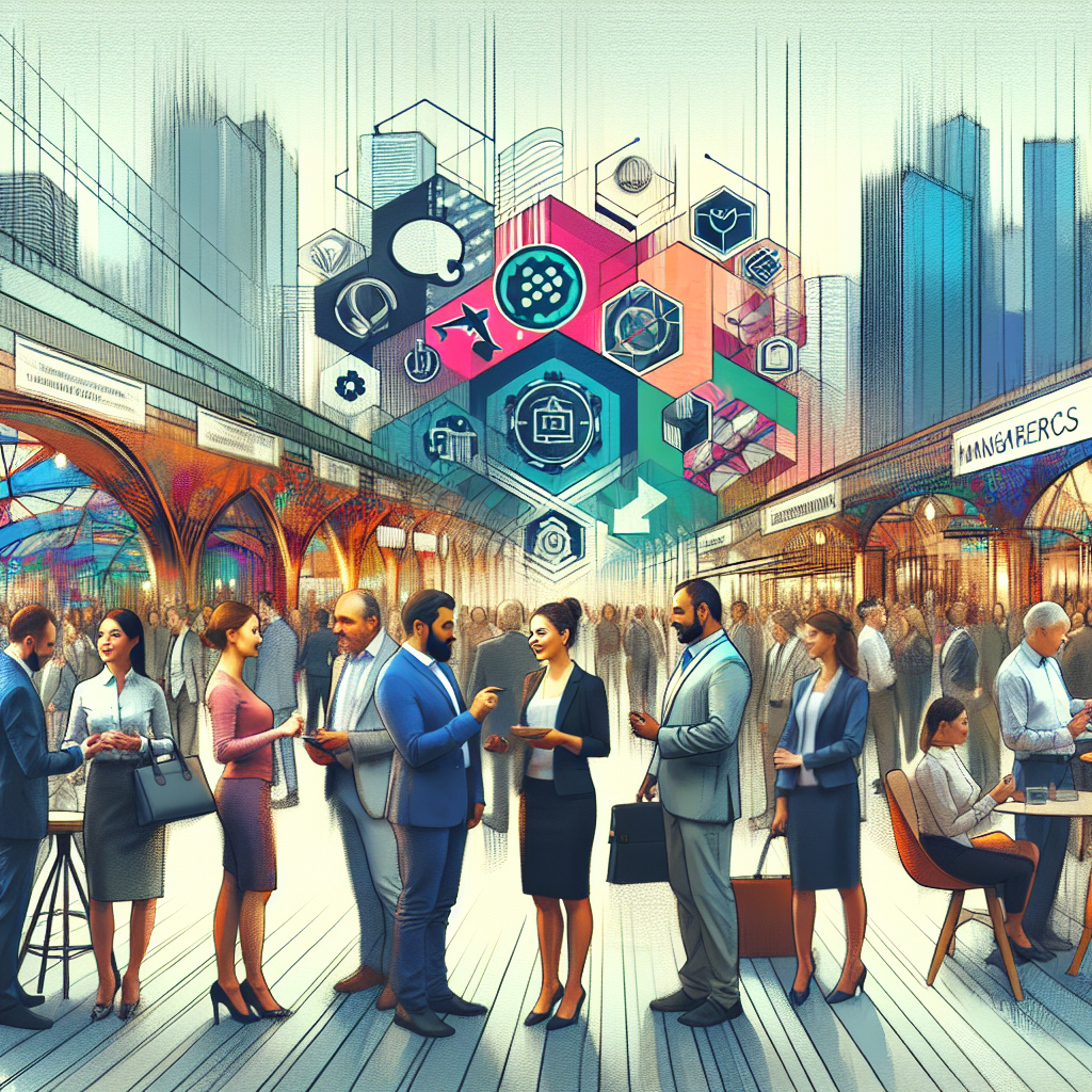 Generate an image of a dynamic networking event in a niche market, showcasing professionals engaging in conversations. The setting is modern and bustling, with banners displaying words like 'Talent Acquisition' and 'Market Understanding' in the background.
