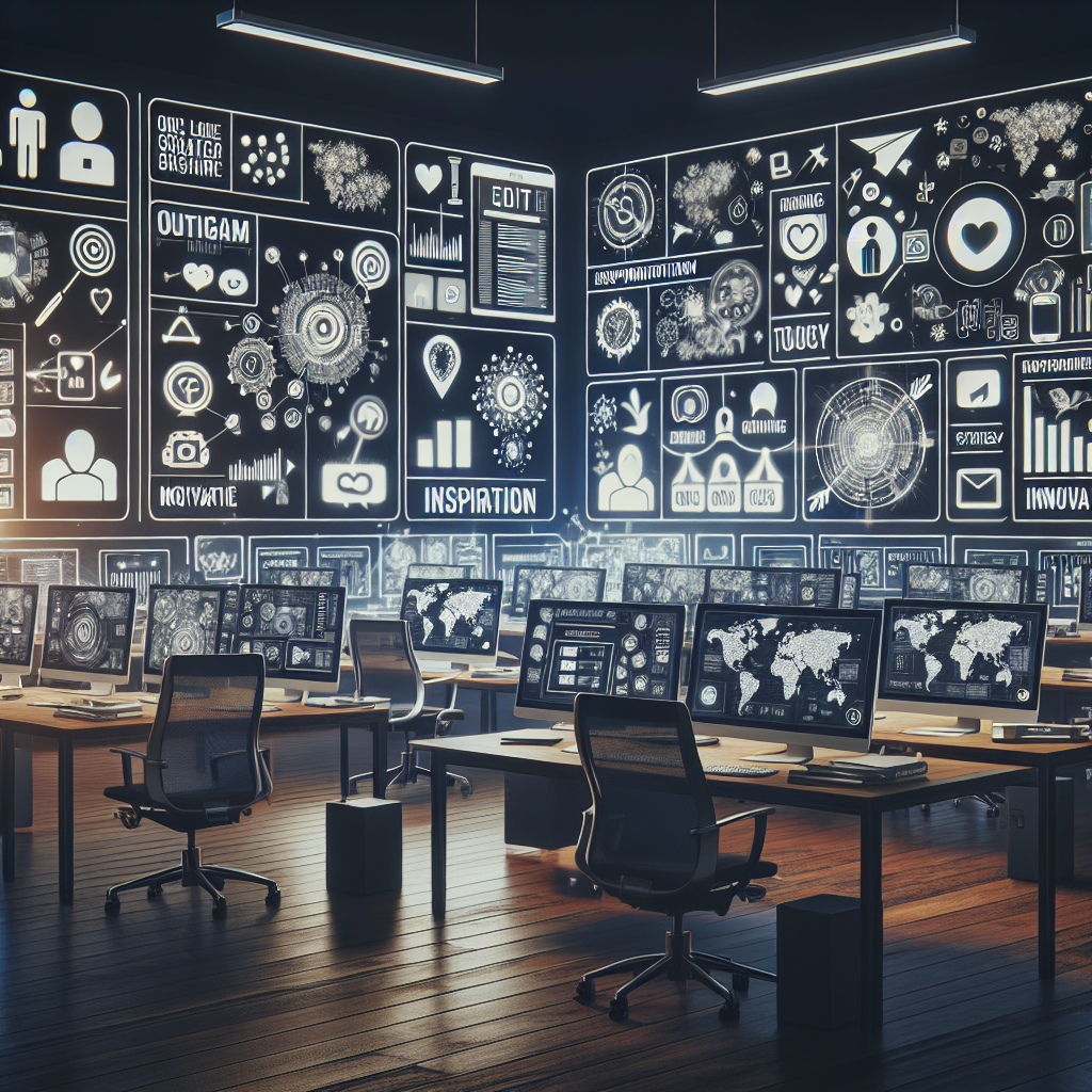 Generate an image of a creative workspace where a recruiter uses social media platforms on multiple screens to target candidates. The room is filled with inspirational quotes and cutting-edge technology, illustrating strategy and innovation in recruitment.