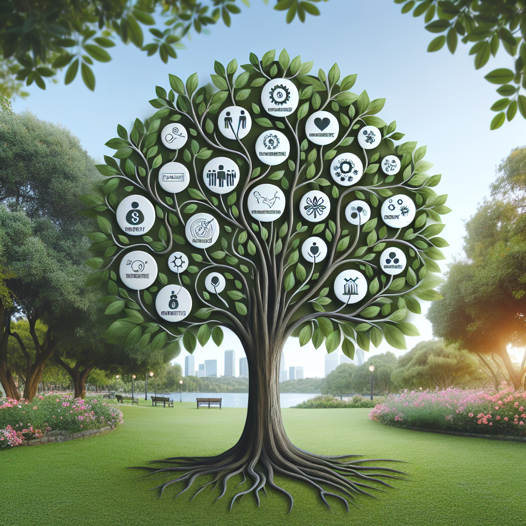 Generate an image of a tree symbolizing a recruitment strategy, with branches and leaves representing different tactics like 'Targeted Communication' and 'Unique Benefits'. The tree is vibrant and set in a serene park, capturing growth and opportunity.