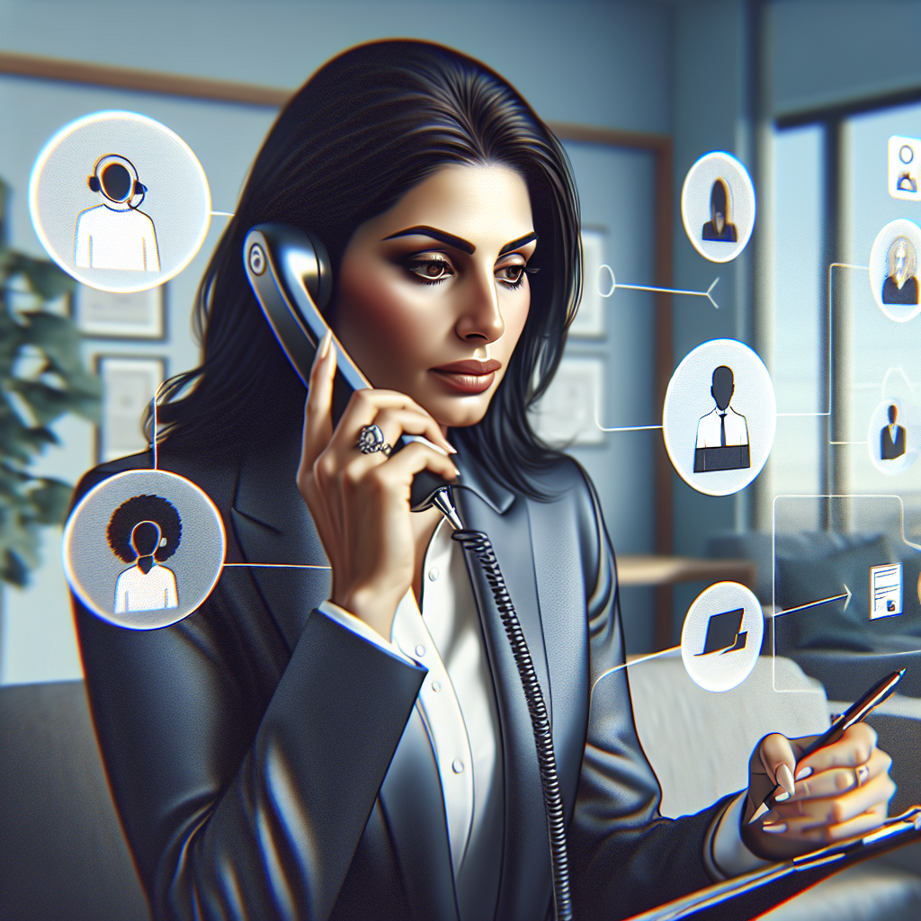 Generate an image of a determined salesperson making a cold call, with a phone in one hand and a checklist of prepared points in the other, surrounded by floating icons symbolizing various customer personas and questions, set in a modern office environment. The style should be realistic with a focus on expression and detail.