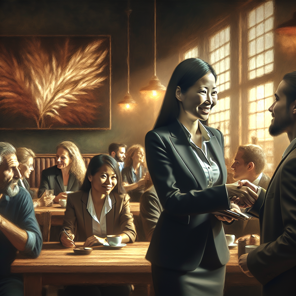 Generate an image of a charismatic businesswoman shaking hands with a client in a coffee shop, the ambiance is warm and welcoming. In the background, other customers are engaged in conversations, and the scene captures the essence of making personal connections. The style should be impressionistic, with a play on lighting and shadows to create a cozy atmosphere.