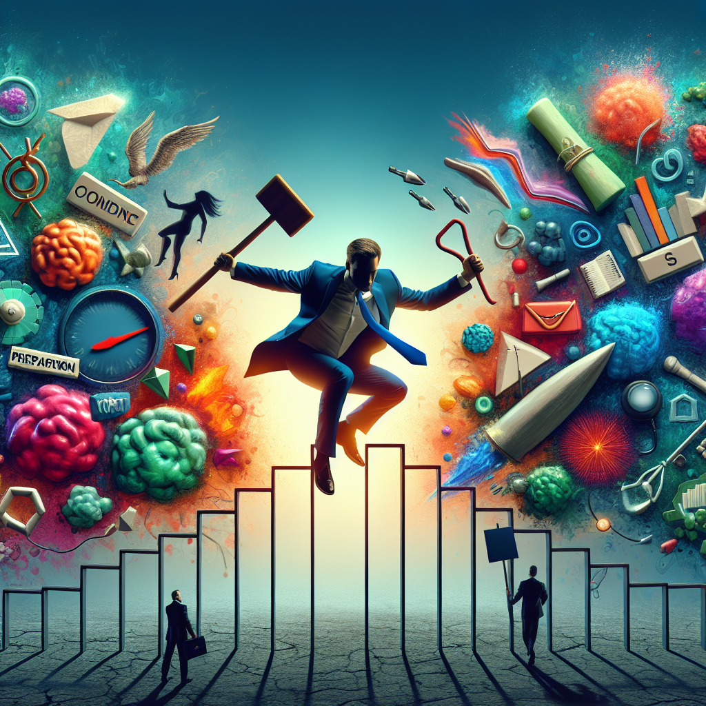Generate an image of a conceptual barrier made of abstract objects symbolizing objections and barriers in sales, with a determined salesperson breaking through using tools labeled 'preparation,' 'confidence,' and 'strategy.' The style should be surreal, with vibrant colors and dynamic composition, capturing the triumph over obstacles.