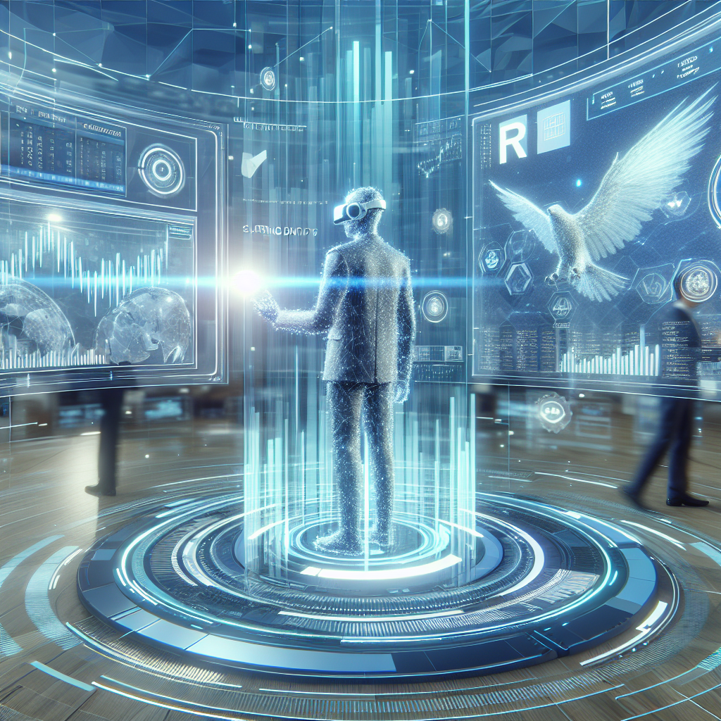 Generate an image of a futuristic sales scenario where a digital avatar of a salesperson is engaging with holographic clients in a virtual reality setting. The space is filled with floating data and analytics, showcasing advanced technology in sales. The style should be sci-fi, with sleek lines and a cool color palette.