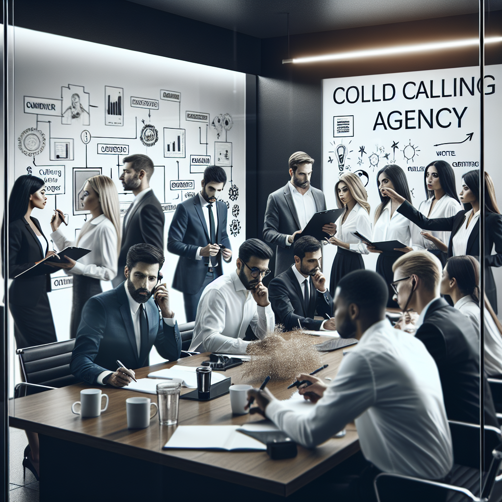 Generate an image of a business meeting room filled with a diverse team of professionals from a specialized cold calling agency, actively brainstorming and strategizing on a whiteboard. The room should be modern, with the agency logo visible, representing expertise and innovation.
