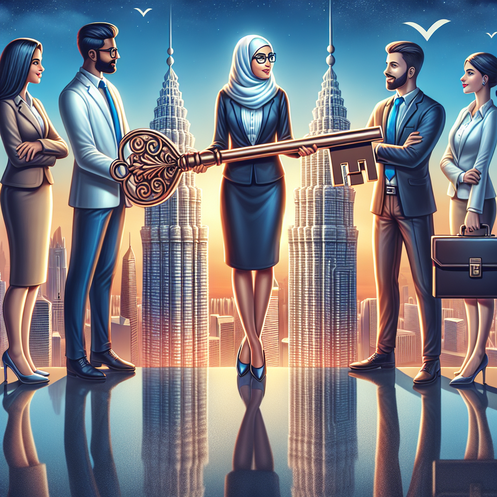 Generate an image of a businessperson confidently handing over a giant key labeled 'Sales Success' to a group of specialized agency representatives, symbolizing the outsourcing of cold calling. The focus should be on trust and collaboration, with a backdrop of a city skyline.