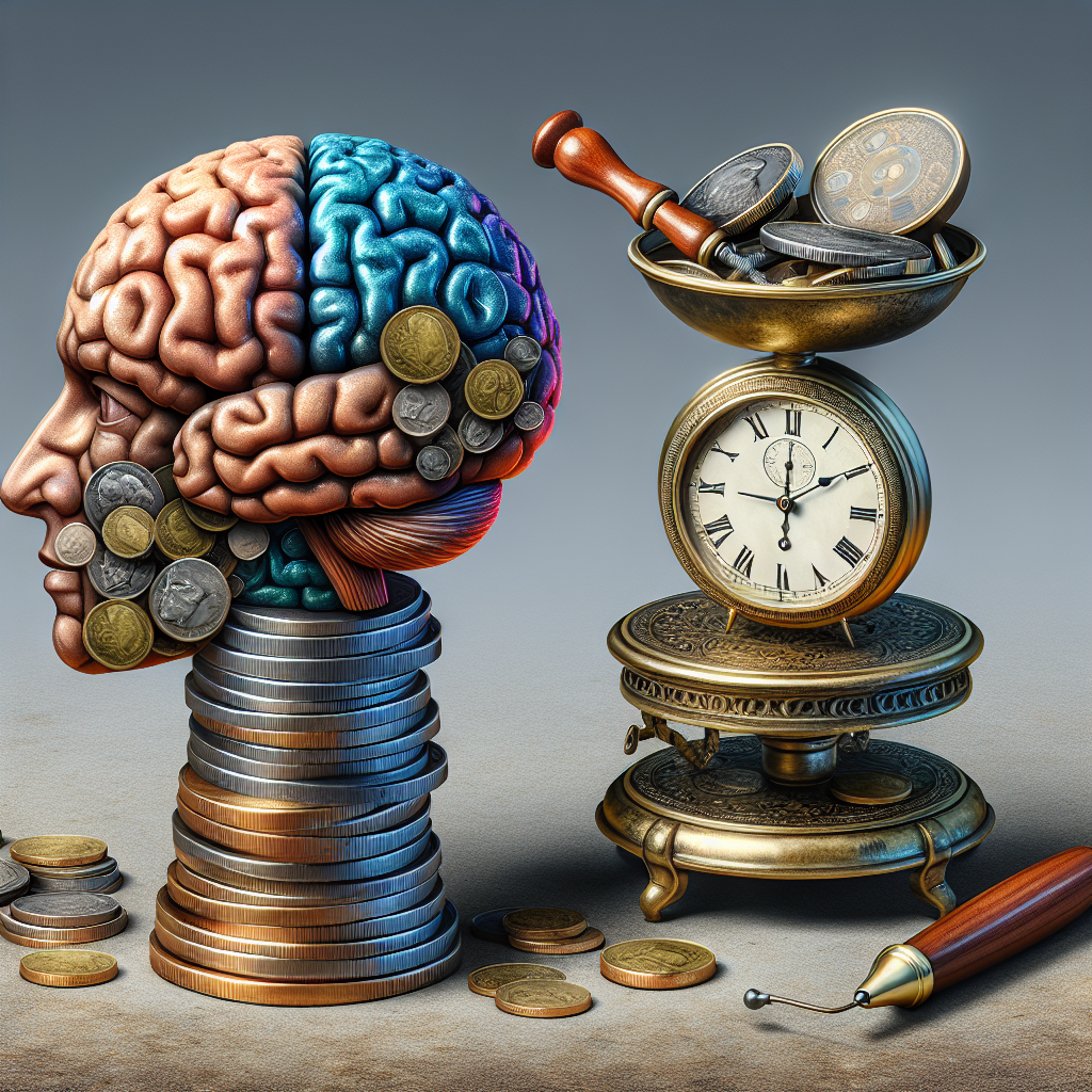 Generate an image of a large scale balancing coins and a brain on one side, with the other side holding a magnifying glass and a clock. This symbolizes the cost-effectiveness, expertise, and time-saving advantages of outsourcing cold calls to specialized agencies.