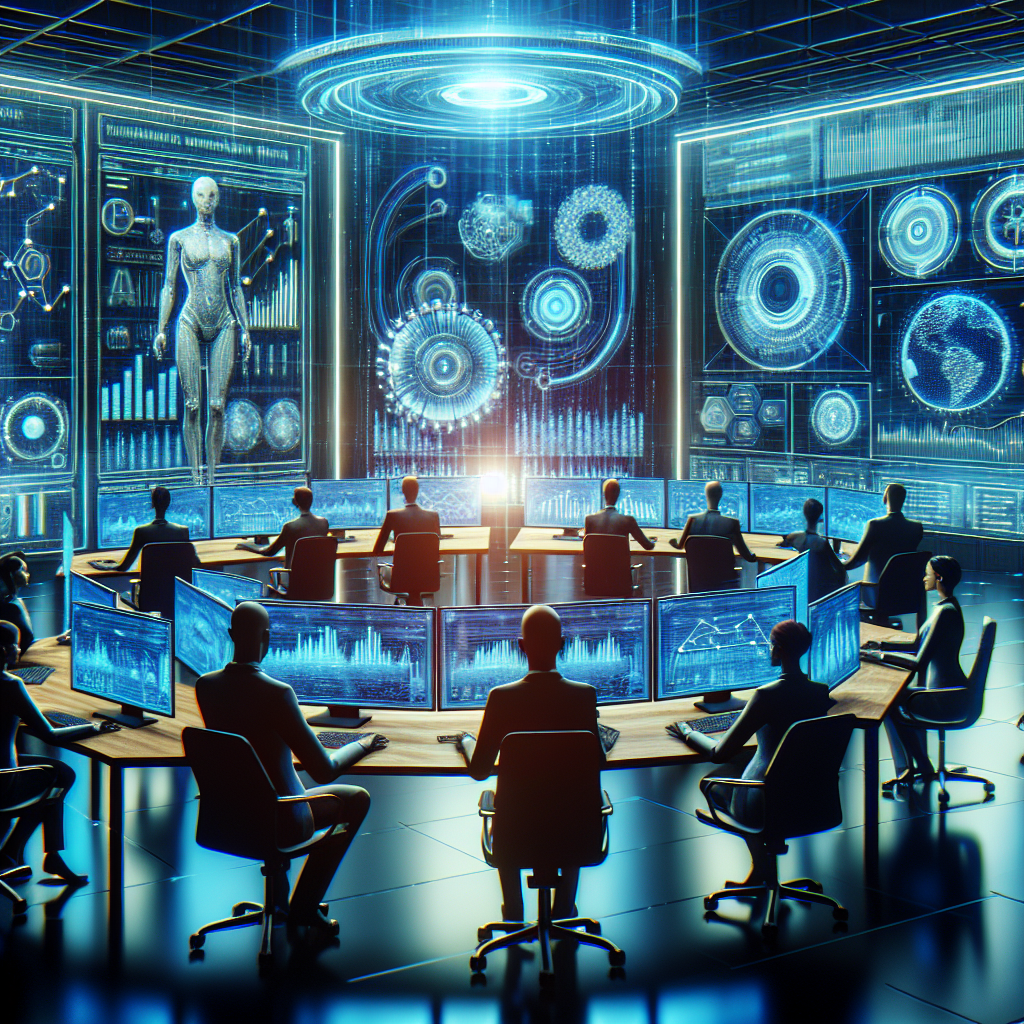 Generate an image of a futuristic office space where AI-driven analytics and human agents from a specialized agency are working together seamlessly. The scene should depict screens with data graphs and digital communication tools, illustrating cutting-edge technology and cooperative efforts.