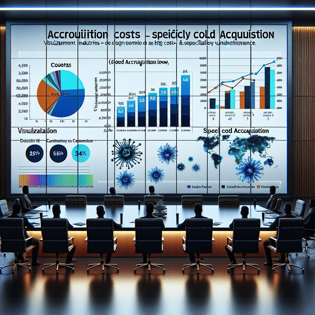 Generate an image of a business meeting room with charts and graphs on a large screen, illustrating various costs associated with cold acquisition across different industries. The image should have a professional and modern appearance, highlighting the contrast between high and low acquisition costs using vibrant colors.