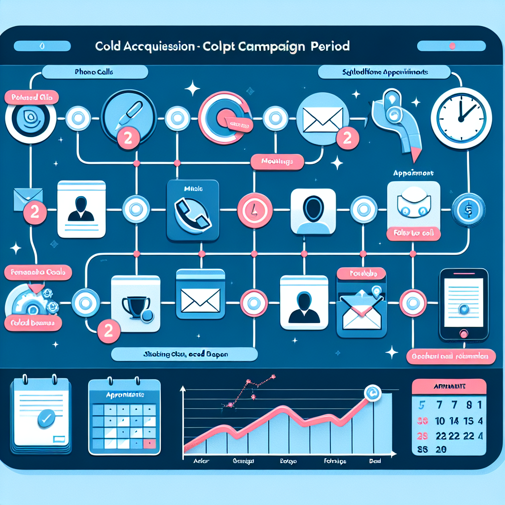 Generate an image of a timeline showcasing a campaign period for cold acquisition, with individuals scheduling appointments on a digital calendar. The timeline should be interactive and visually engaging, with icons representing different stages of the campaign and the impact of appointment numbers.
