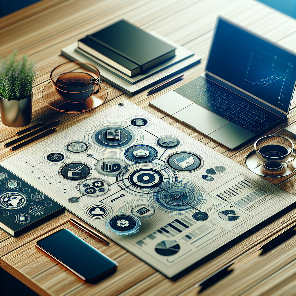 Generate an image of a personalized marketing plan on a stylish desk, with items like a laptop, notepad, and smartphone displaying the concept of customization and value in cold acquisition success. The image should evoke a sense of strategy and innovation.