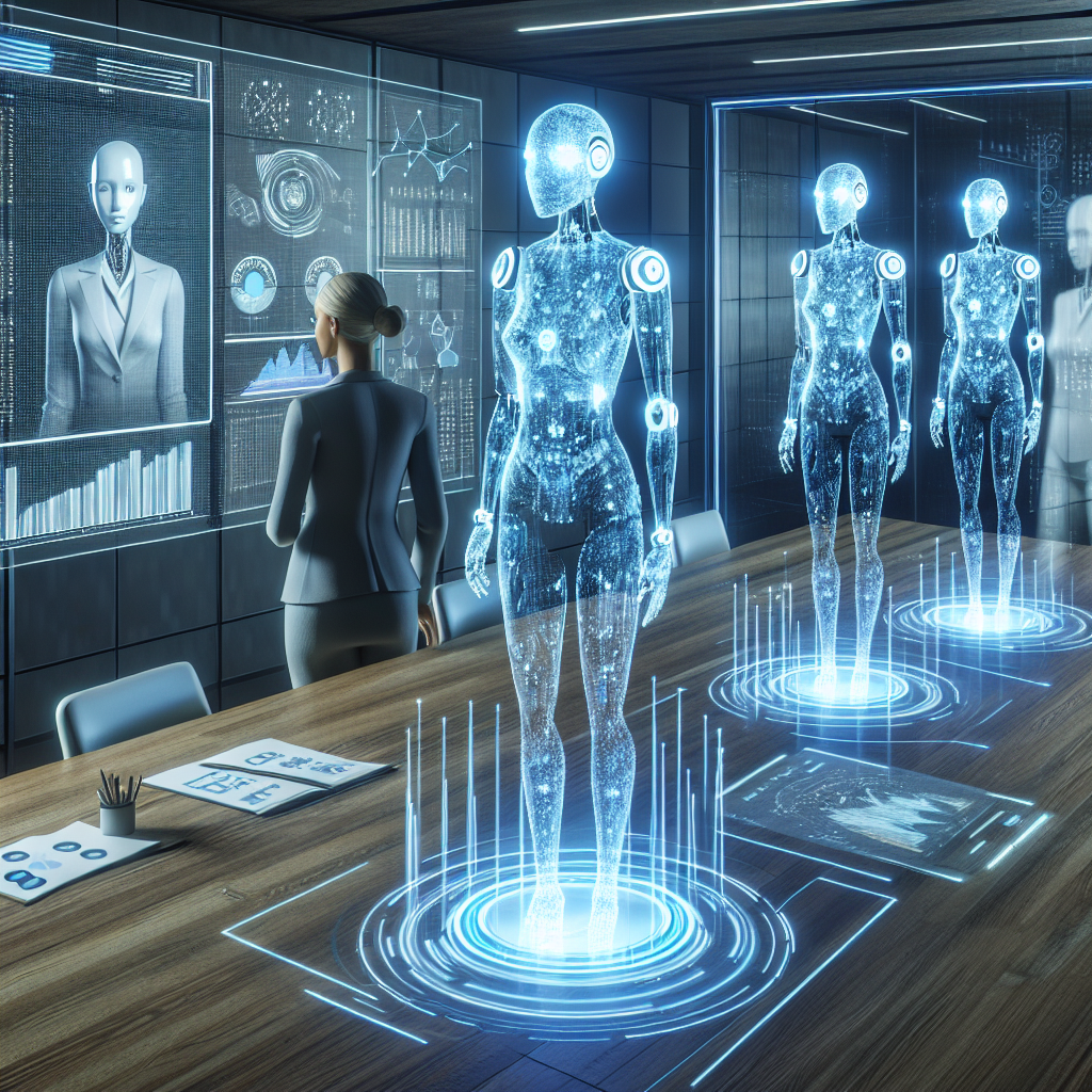 Generate an image of a futuristic workspace featuring 'De Afspraakplanners' as virtual reality assistants, helping a business professional maximize their investment. The assistants should appear as holograms, with graphs and data floating in the air, symbolizing advanced technology and efficiency.