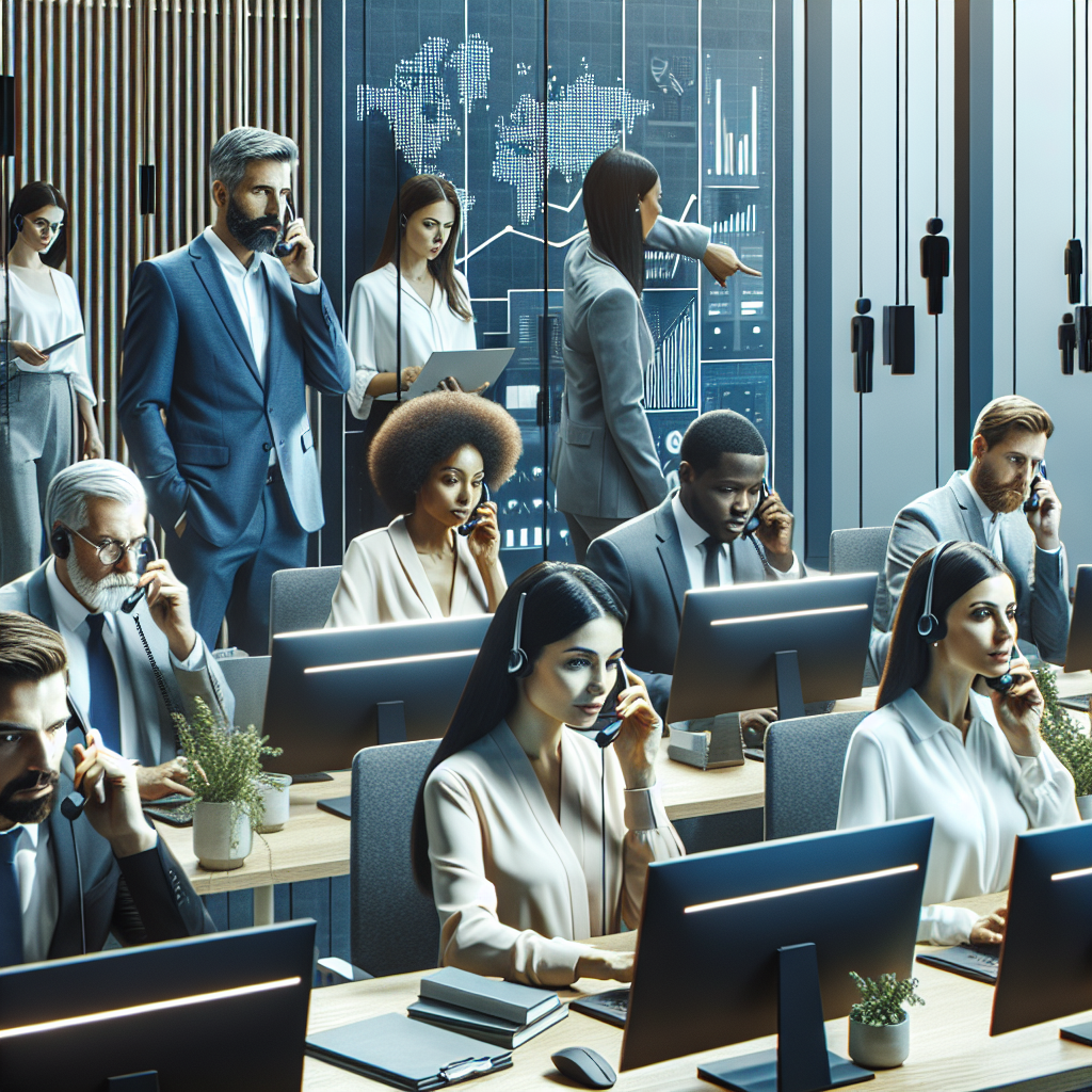Generate an image of a sleek, modern office environment where a team of professional appointment planners are making cold calls to potential clients. Show a diverse group of people on the phones, displaying expressions of focus and determination, surrounded by digital tools and charts that indicate business growth.