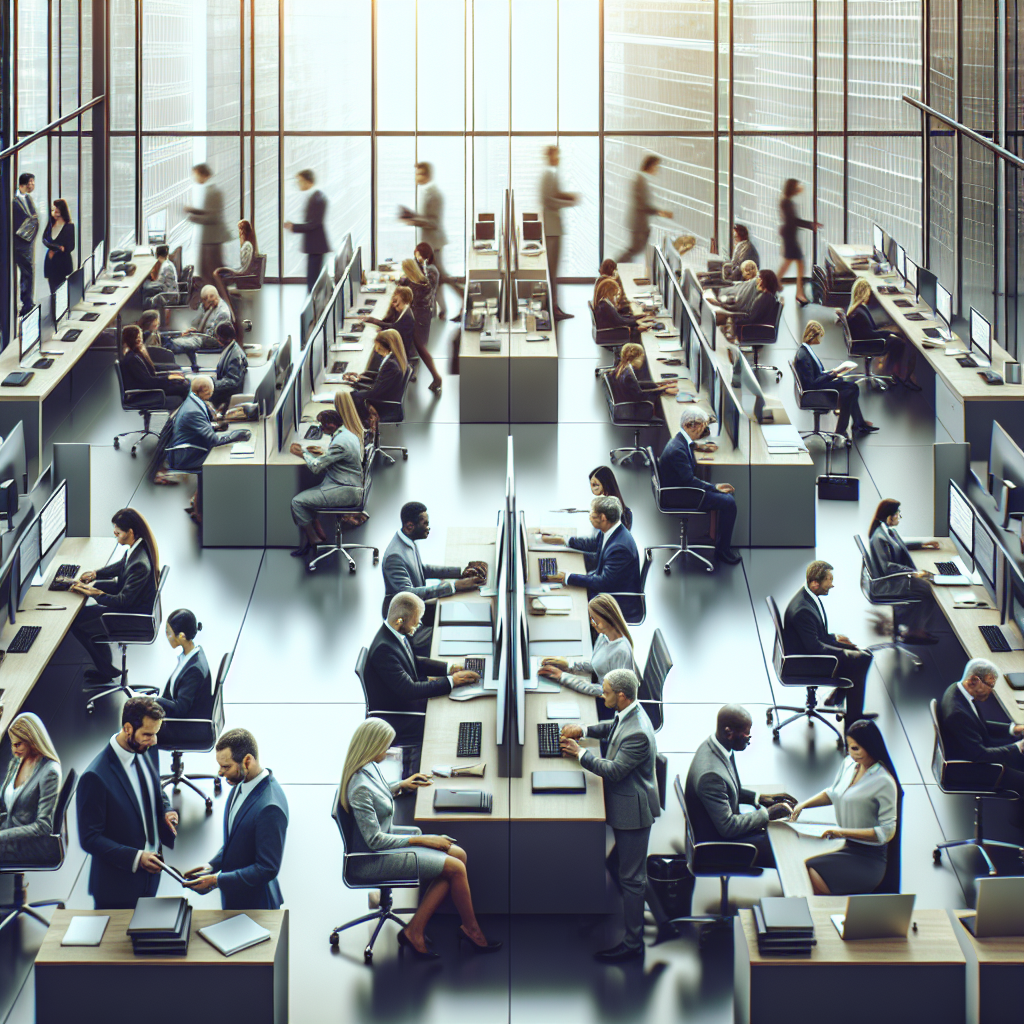Generate an image of a bustling corporate office where a group of professional appointment planners are seamlessly coordinating sales meetings for a company. The scene should depict a modern office environment with planners using advanced technology tools, such as computers and smartphones, to manage the appointments efficiently. The atmosphere should convey a sense of expertise and organization.