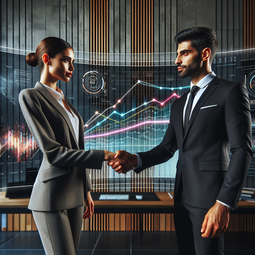 Generate an image of a confident business executive shaking hands with an experienced appointment planner against a backdrop of a digital dashboard displaying positive sales analytics. The image should portray trust and partnership, with the dashboard showing graphs and figures that highlight increased sales performance. The setting should be a sleek, contemporary office with elements of technology and innovation.