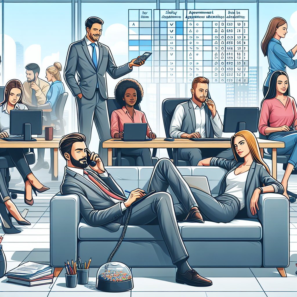 Generate an image illustrating the concept of a stress-free sales team, with salespeople focusing on strategy and customer interaction while appointment planners handle scheduling. The sales team should be portrayed in a relaxed and productive environment, with planners in the background working efficiently on their computers. The image should emphasize teamwork and the efficient allocation of tasks.