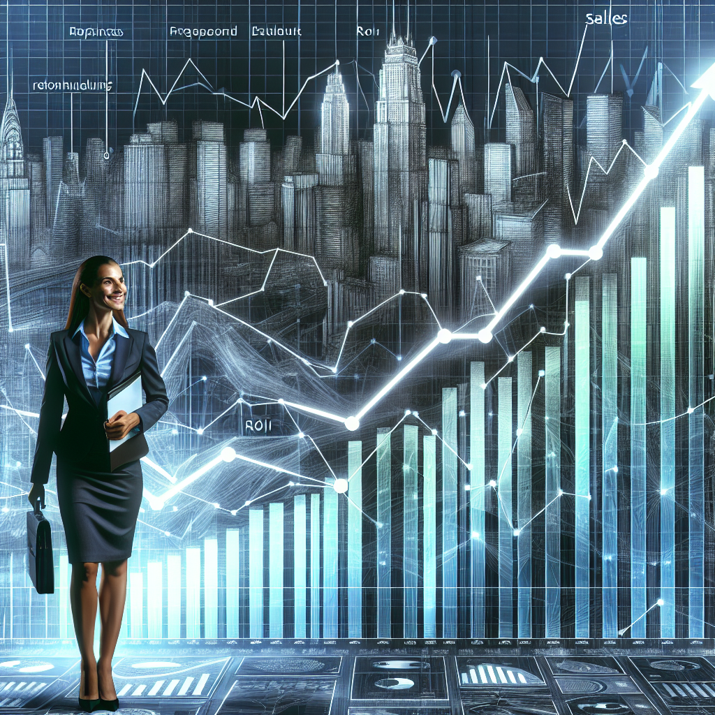 Generate an image of a return on investment (ROI) graph climbing upwards next to a cheerful business manager. The graph should be detailed, showing different phases of sales increase, and the manager should appear satisfied, reviewing reports with a backdrop of a financial district skyline. The overall composition should convey success and financial growth due to effective appointment planning.
