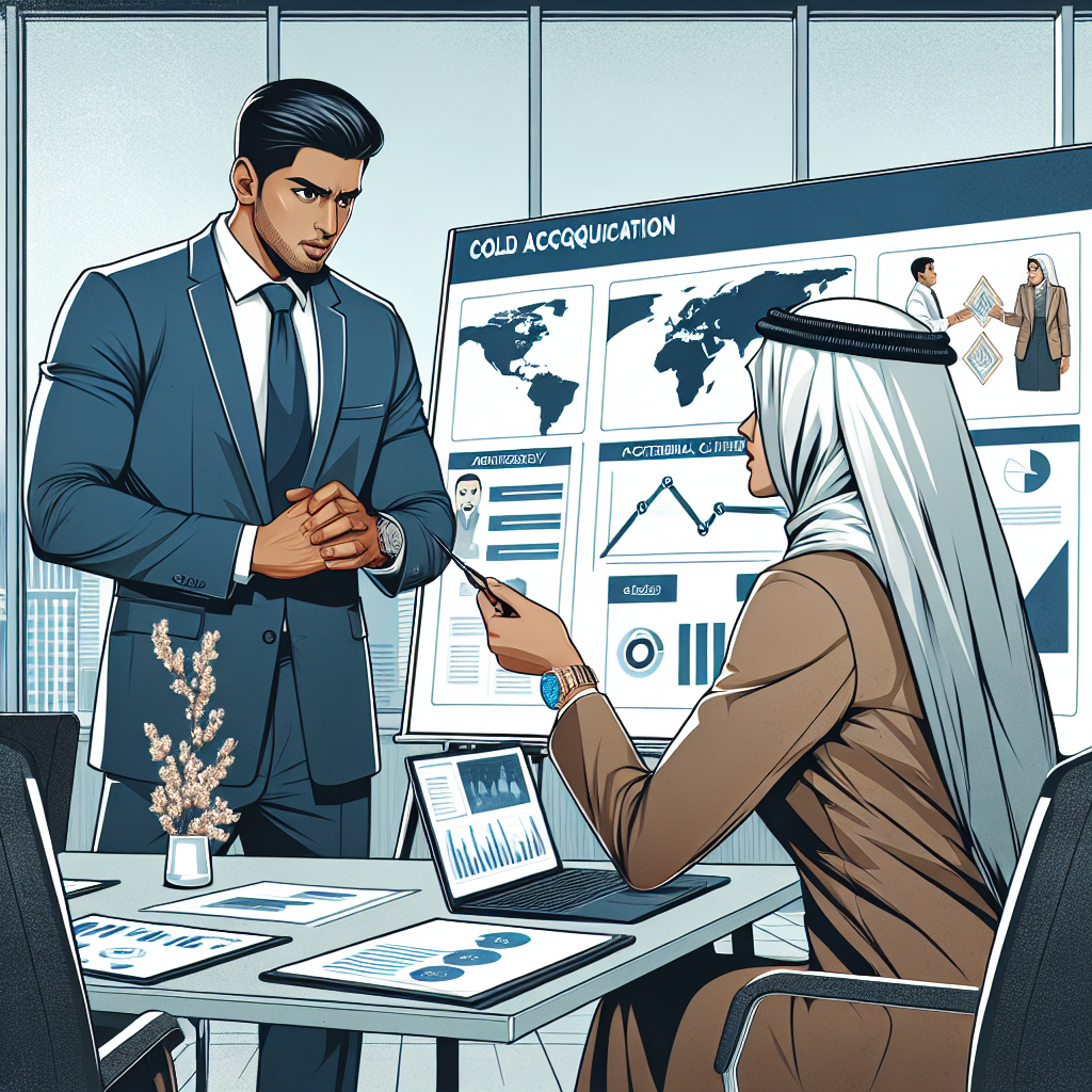 Generate an image of a business professional engaging in cold acquisition within a B2B sales context. The scene should depict the dynamic interaction between the salesperson and a potential client, highlighting the strategy and effort involved. The setting is a modern office with digital presentations and sales charts visible in the background, symbolizing effective contact and engagement.