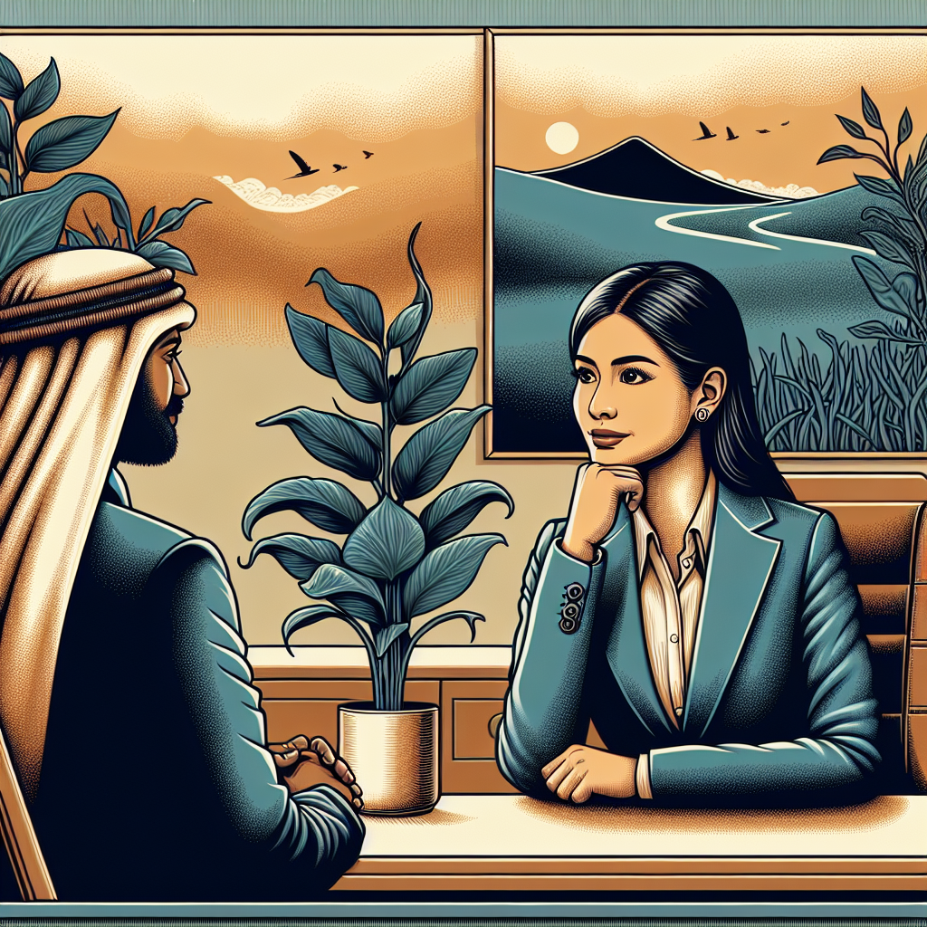 Generate an image illustrating the concepts of empathy and perseverance in B2B sales cold acquisition. The image should feature a businessperson thoughtfully listening to a client, embodying empathy. Include symbolic elements like a growing plant or a climbing hill to represent perseverance and long-term relationship building.
