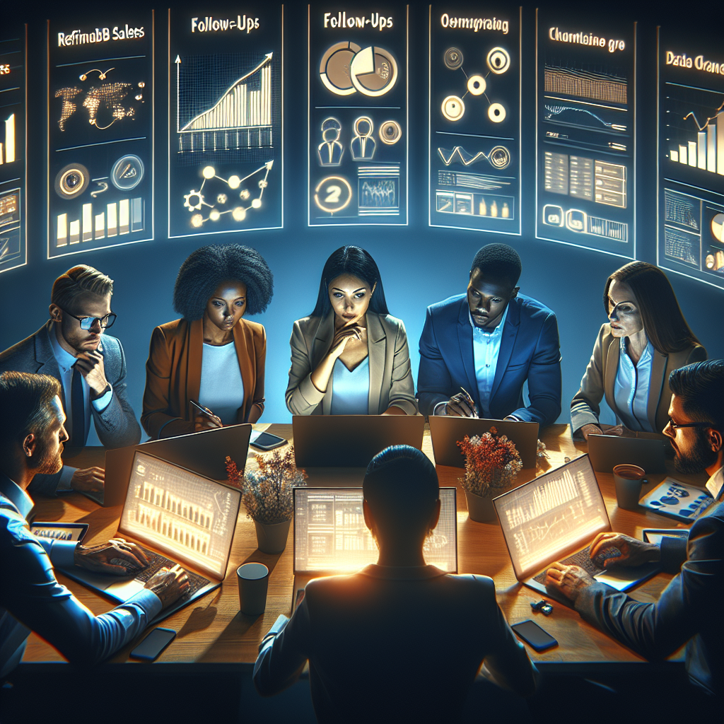 Generate an image capturing the essence of follow-ups and data analysis in refining B2B sales strategies. The scene shows a diverse team of professionals analyzing sales data on multiple screens, exchanging insights. Include visual elements like graphs, charts, and a digital calendar to emphasize precision and strategic growth.