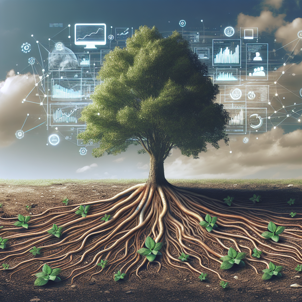 Generate an image depicting sustainable growth in B2B sales achieved through cold acquisition strategies. The composition should feature a large, flourishing tree with roots intertwined with digital networks and sales tools, symbolizing connectivity and the strong foundation built through consistent follow-ups and strategic planning.