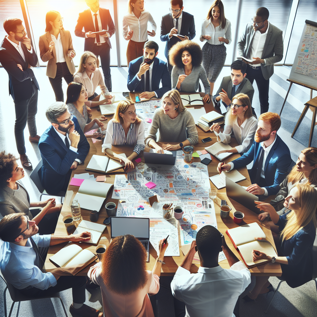 Generate an image of a vibrant and bustling office environment where teams are collaborating on planning sales strategies. Show diverse individuals gathered around a large table with notepads, laptops, and coffee, brainstorming and setting up appointments with clients. Highlight the energetic and cooperative atmosphere with bright lighting and expressive gestures.
