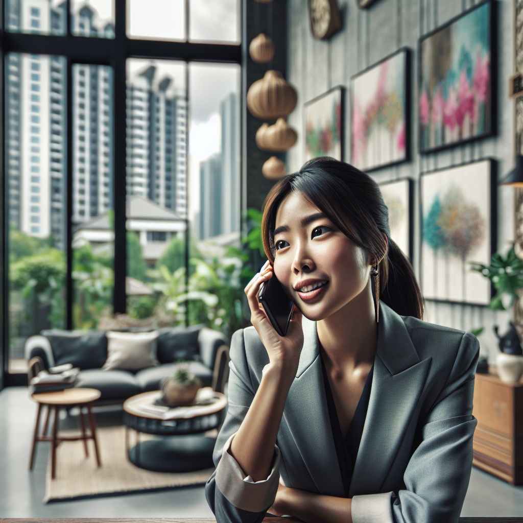 Generate an image of a confident saleswoman building rapport with a client over the phone, in a bright and airy home office setting. The room is decorated with motivational posters and houseplants, with a large window offering a view of a bustling cityscape. Capture the personal touch and relationship building essence in her engaging expression.