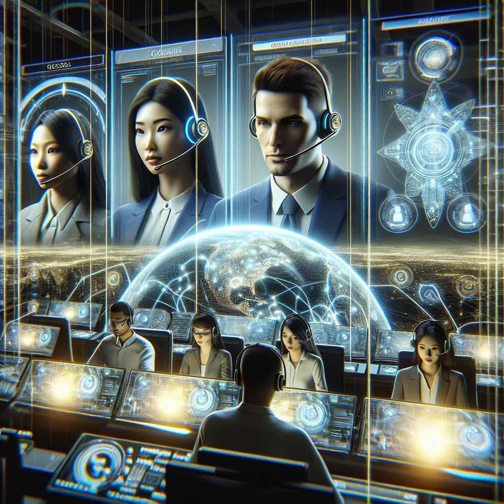 Generate an image of a futuristic call center with agents using advanced technology, such as holographic displays and AI-powered headsets, to reach potential clients. Depict a high-tech environment with glowing interfaces and digital maps showing connections and lead generation routes, representing innovation in professional cold calling techniques.