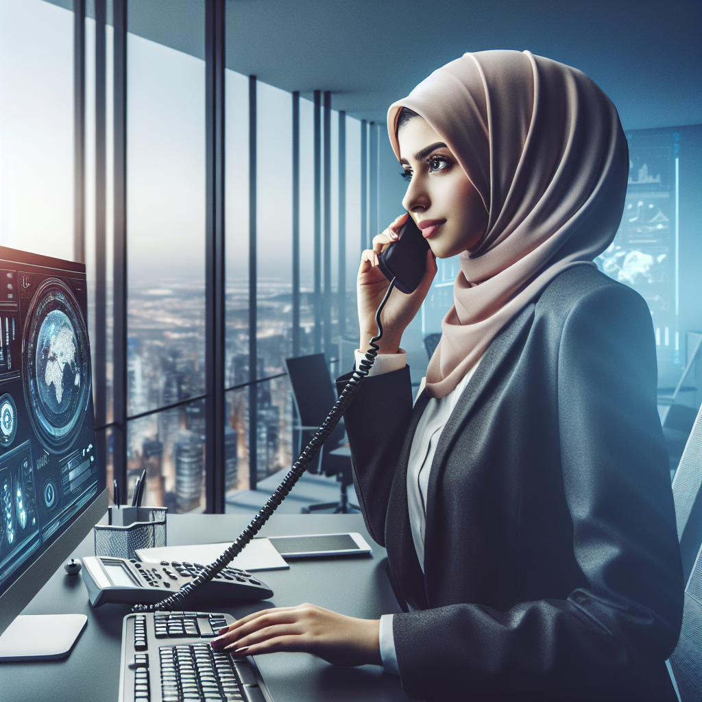 Generate an image depicting a business professional at a modern office making a cold call. The office is sleek and full of technological gadgets, showcasing the advanced tools used in sales. The professional appears confident and concentrated, with a panoramic city view in the background symbolizing expansive market reach.
