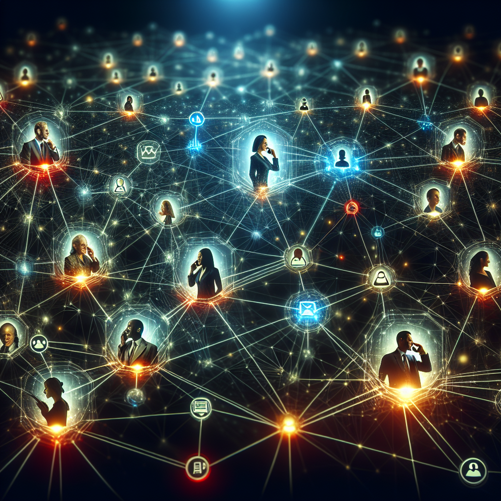 Generate an image of a digital network map overlaid with images of various business people connecting through cold acquisition. The network lines glow brightly against a dark background, with icons of phones and email popping up. Each connection symbolizes the direct contact made with decision-makers.