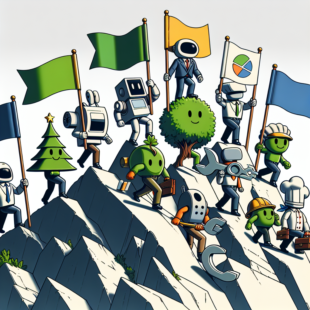 Generate an image showing a group of animated characters representing different companies, each holding a flag with their logo. They are climbing a steep hill named 'Market Insights Mountain'. The characters appear determined and collaborative, symbolizing the collective effort of acquiring valuable market insights through cold calls.