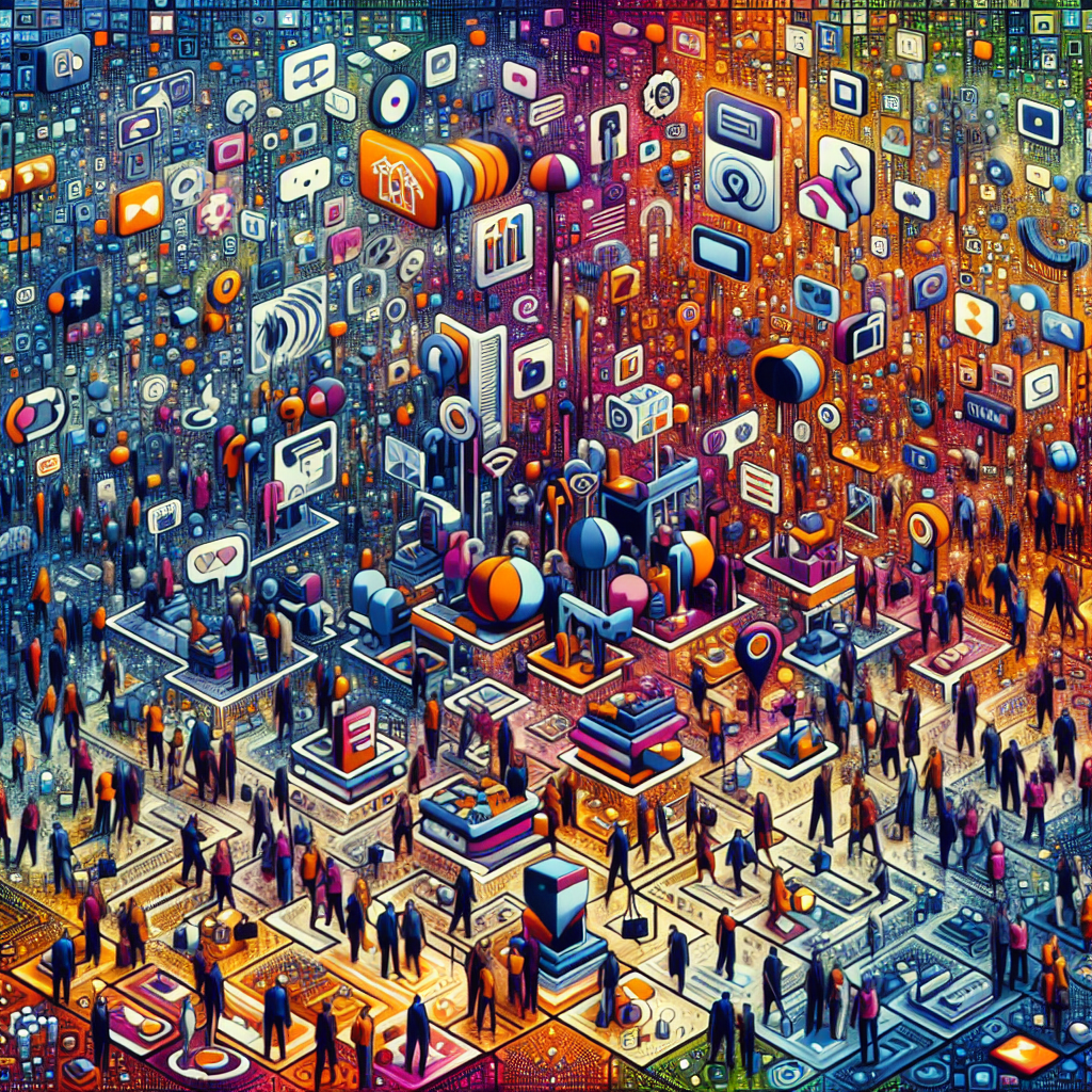 Generate an image of a bustling marketplace with animated brands and logos interacting with people. Vibrant colors, dynamic movements, and expressions of curiosity and interaction dominate the scene as companies enhance brand awareness through cold acquisition techniques.