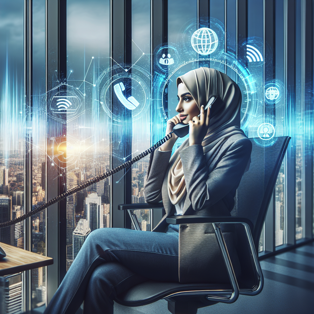 Generate an image illustrating a business professional making a cold call in a modern office setting, with a focus on direct contact through phone communication. The scene should include digital communication symbols like phone icons and signal waves, emphasizing the theme of cold calling as a powerful sales tool. Include a background of a bustling city skyline visible through a large window, symbolizing global outreach.