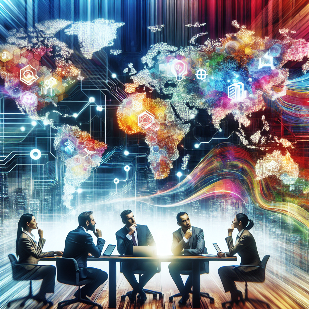 Generate an image of a diverse team of salespeople brainstorming and targeting potential clients, displayed as a colorful mind map. Include abstract visualizations of the company's brand spreading across a map, suggesting increased brand awareness through strategic cold acquisition efforts. The setting should be dynamic with digital elements of connections and networks forming vibrant patterns.