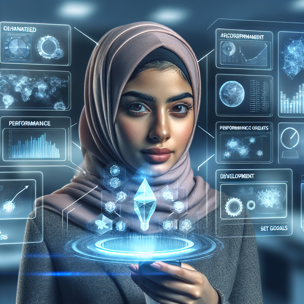 Generate an image of a young entrepreneur developing skills through cold acquisition training. The scene should show the entrepreneur in a training environment, surrounded by holographic displays of skills metrics, progress charts, and targeted achievements. Incorporate a blend of digital and realistic elements to depict the growth and learning process infused with technology.