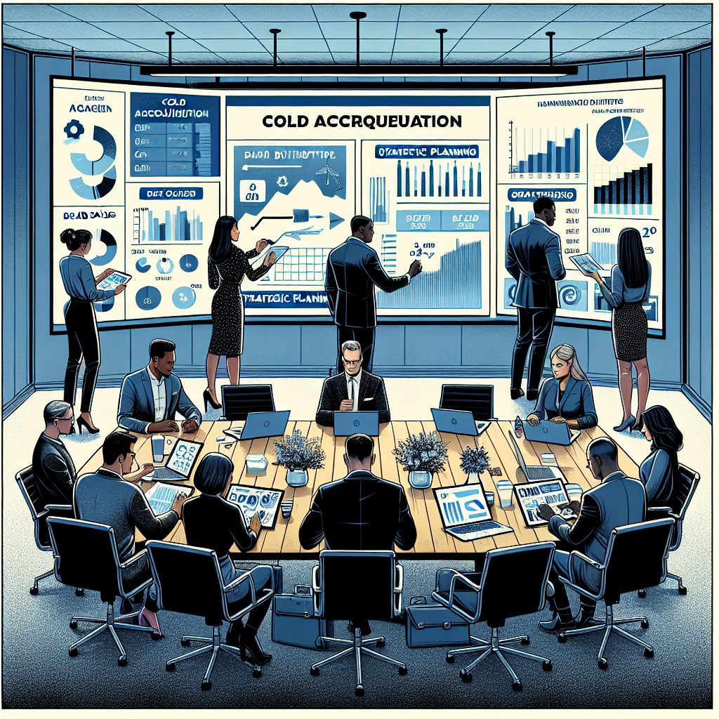 Generate an image depicting a business meeting room where professionals are engaged in a cold acquisition strategy session. The room is modern with digital screens displaying graphs and data related to B2B sales, illustrating strategic planning and brainstorming.
