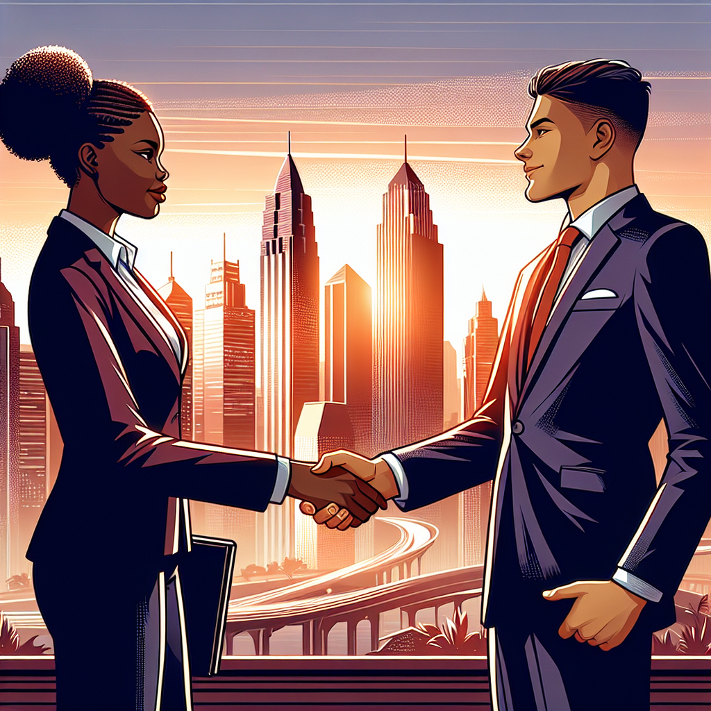 Generate an image of a handshake between two business professionals, symbolizing successful cold acquisition efforts. The background should depict a bustling city skyline, representing the growth and expansion potential brought by effective B2B strategies.