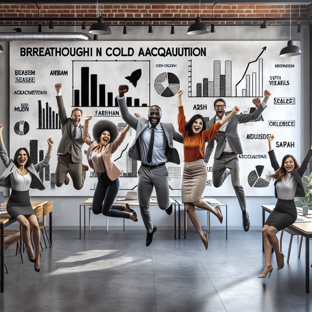 Generate an image of a sales team celebrating their achievements in cold acquisition, with a diverse group of team members in an office setting. The walls are adorned with motivational posters, and there's a digital board displaying sales milestones, reflecting teamwork and success in B2B environments.