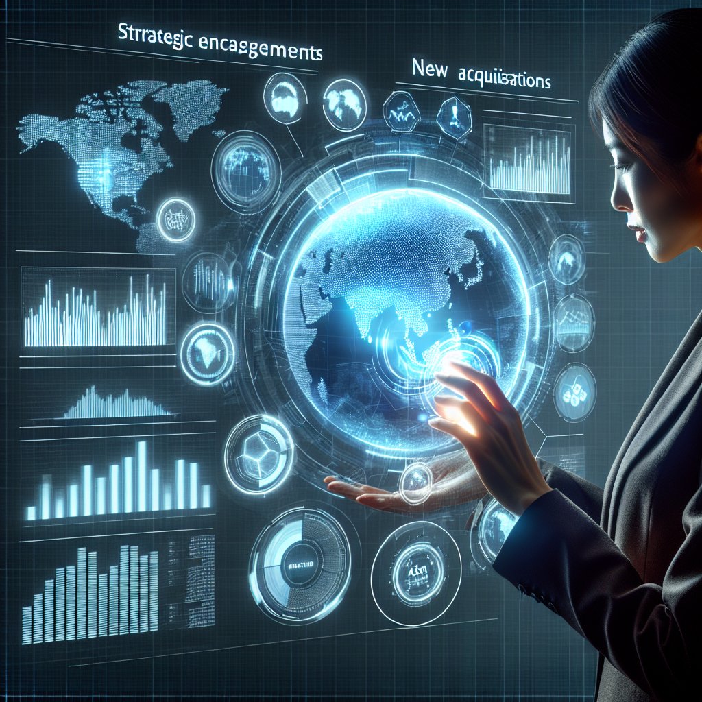 Generate an image of a futuristic business landscape where a professional is using a digital interface to strategically engage in cold acquisition. The interface displays graphs, charts, and a world map indicating new market territories, symbolizing global expansion and strategic growth.