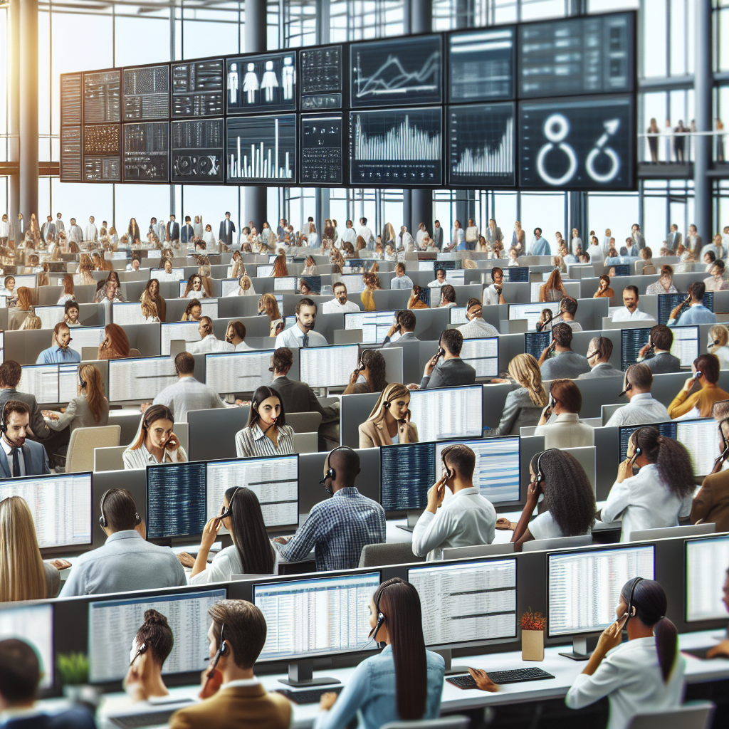 Generate an image of a busy call center with diverse professionals engaged in cold calling. The setting is modern and high-tech, with screens showing real-time interactions and analytics. The scene conveys efficiency and direct customer engagement.
