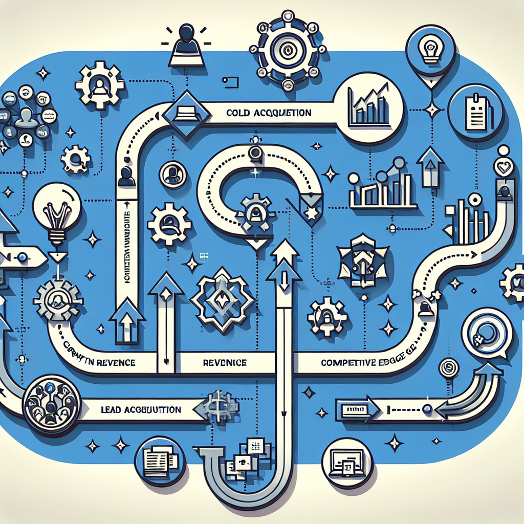 Generate an image of a dynamic flowchart illustrating the process of lead generation through cold acquisition. Each step of the flowchart is artistically represented with icons and symbols, showing increased revenue, customer interaction, and competitive advantage in a digital world.
