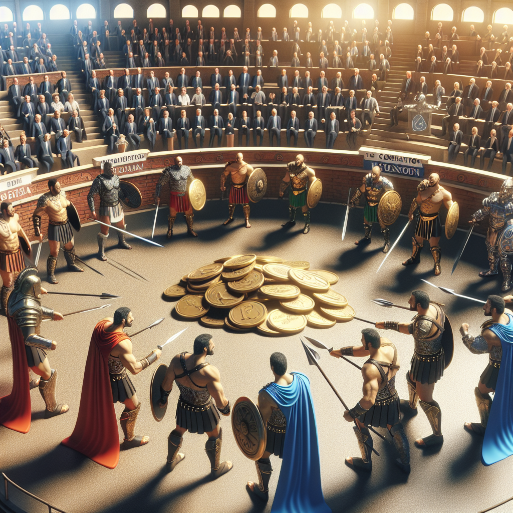 Generate an image of a digital arena where companies are depicted as gladiators competing for market share. Each company is represented by unique armor and emblems, highlighting the competitive nature of strategic cold acquisition in achieving business growth.