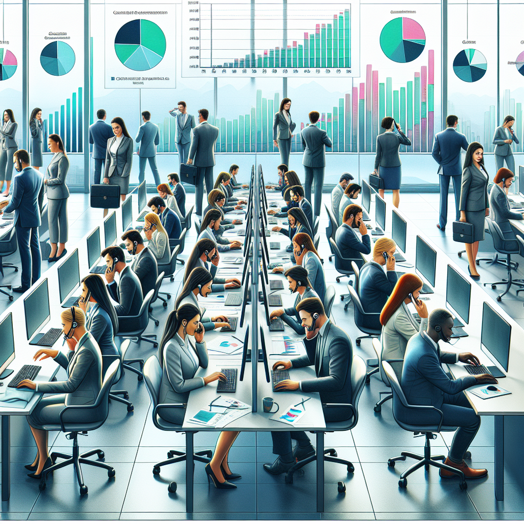 Generate an image of a busy office environment where professional cold callers, dressed in business attire, are actively engaged in making calls and connecting with potential clients. The background should show charts and graphs depicting growing business trends, symbolizing the success of hiring cold callers for customer acquisition.