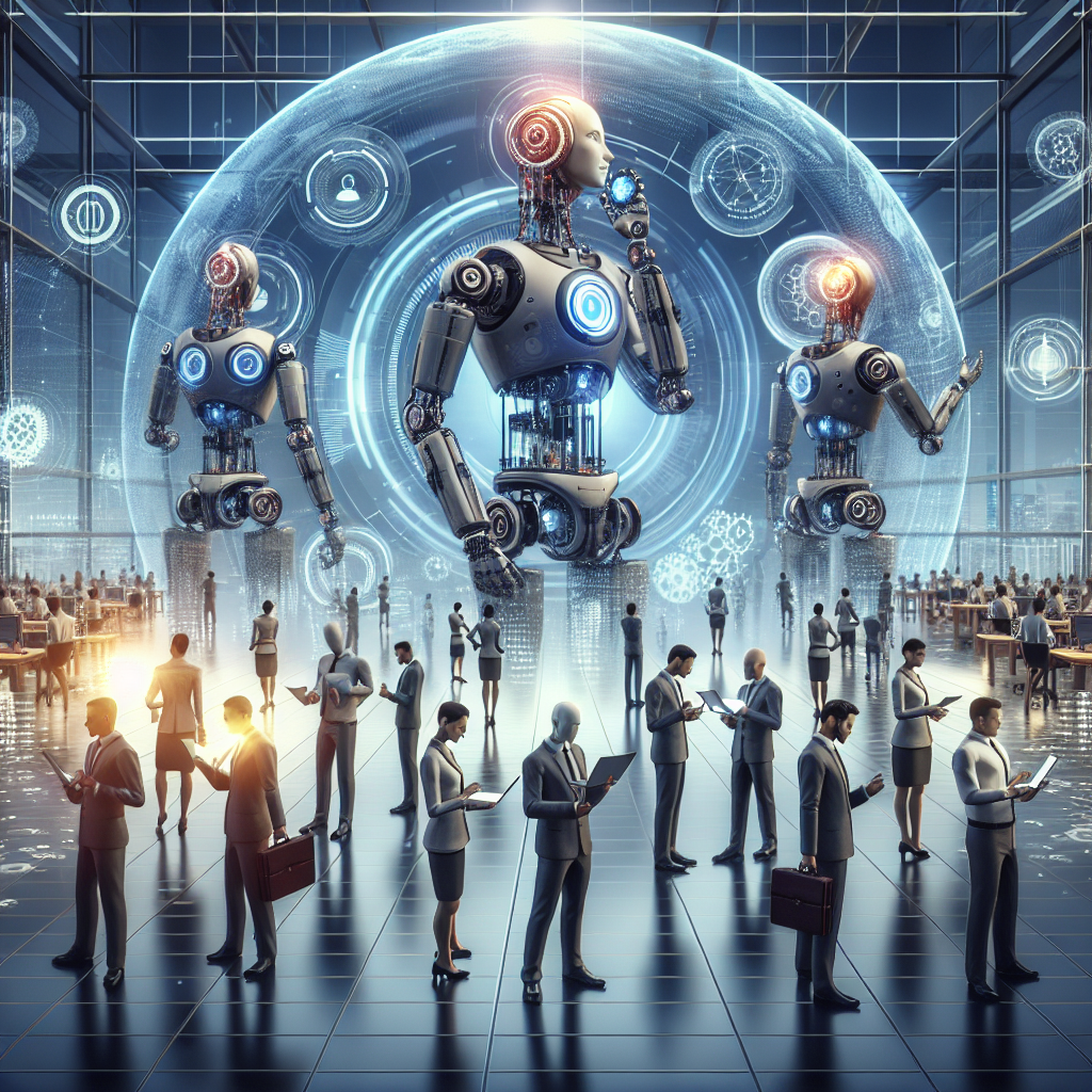Generate an image of a futuristic customer acquisition scenario where a team of robotic cold callers are efficiently managing a large network of leads. The setting should be sleek and modern, showcasing advanced technology and interaction between man and machine in a harmony that drives business growth.