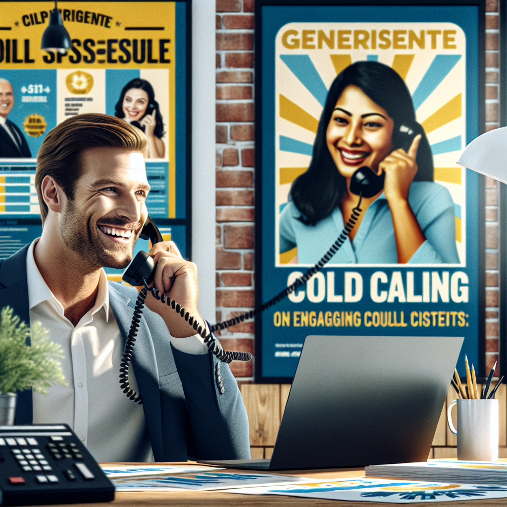 Generate an image of an enthusiastic cold caller successfully connecting with a potential client over the phone. The scene should depict a warm and inviting office space with motivational posters on the walls, illustrating the positive impact of skilled cold callers on client engagement and business success.