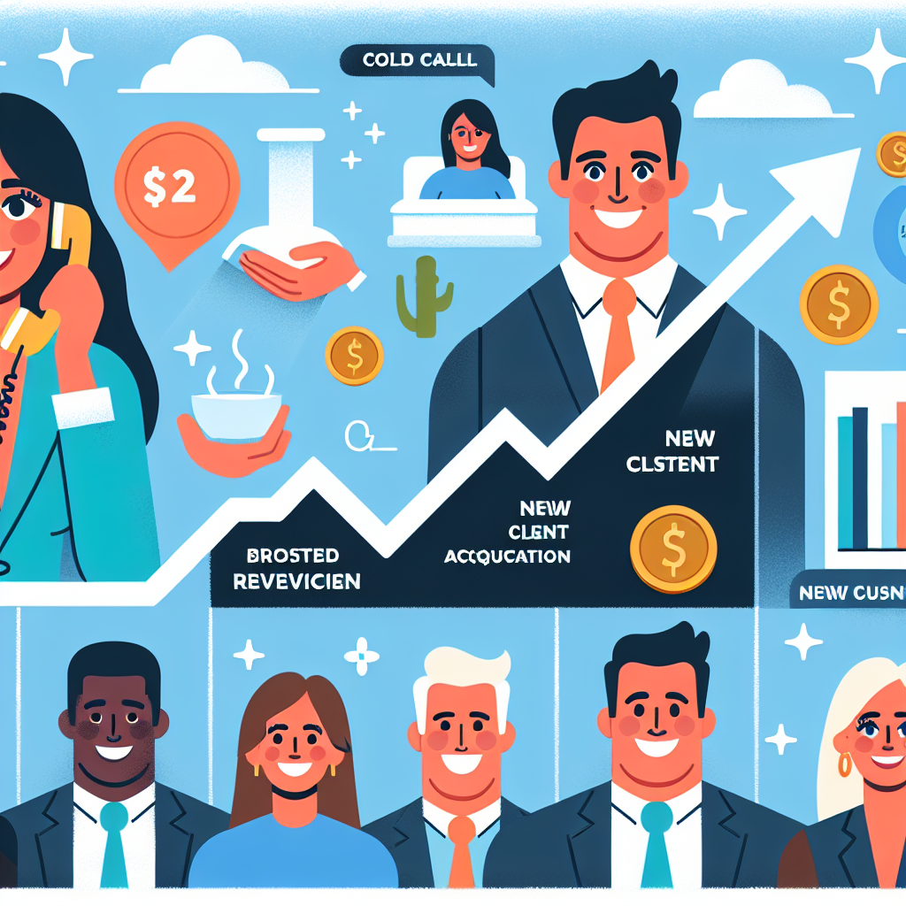 Generate an image of a creative infographic that visually explains the benefits of hiring cold calling professionals for businesses. The infographic should be colorful and engaging, using icons and cartoons to depict increased revenue, new client acquisition, and strategic business growth facilitated by cold calling services.