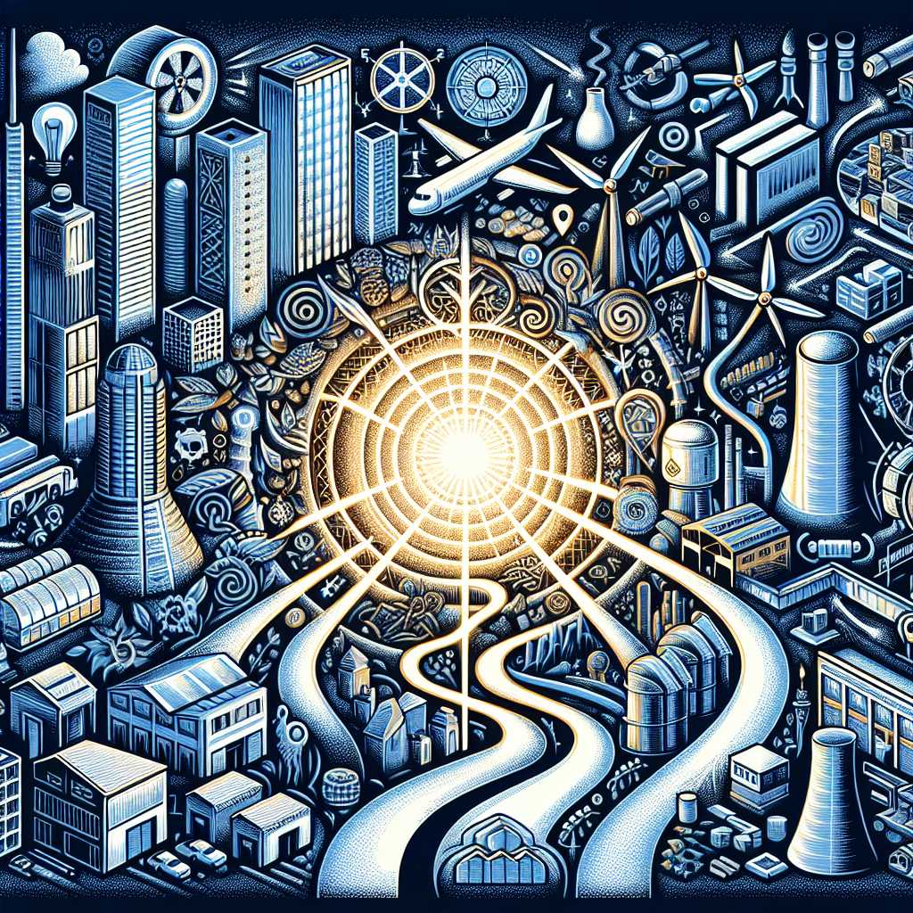Generate an image illustrating various industries represented by iconic buildings and symbols, each having a path leading to a centralized point with a bright light, symbolizing the role of industry factors in determining the cost of cold acquisition.