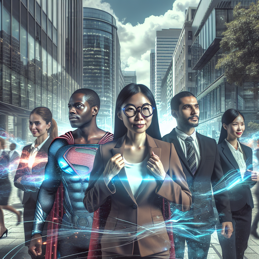 Generate an image of a professional team depicted as superheroes in an urban office setting, each characterized by unique powers representing their skills in generating quality leads. The scene captures their dynamic teamwork and expertise, emphasizing focus on core business activities.