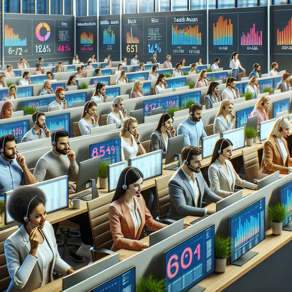 Generate an image of a bustling call center with employees engaged in active phone conversations. The scene is vibrant and dynamic, illustrating the motivation and energy of the workers under a No Cure No Pay model. Include diverse employees at various desks, with headsets on, interacting enthusiastically and surrounded by charts and graphs representing success and achievements.